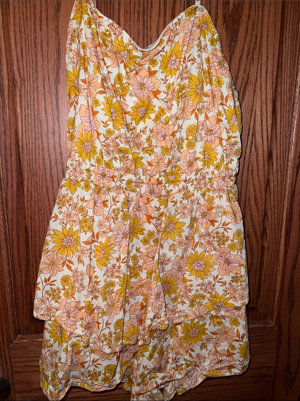 AE Floral Sleeveless Tiered Romper in Yellow & Peach